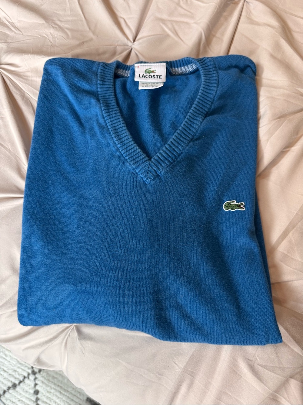 Vintage Lacoste Blue V-Neck Sweater - Size 9 (100% Cotton) Y2K preppy